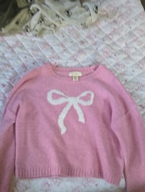 Jessica Simpson Pink Bow Intarsia Crewneck Sweater